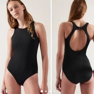 Athleta Maldives One Piece Swimsuit Black Open Back High Neck Size S